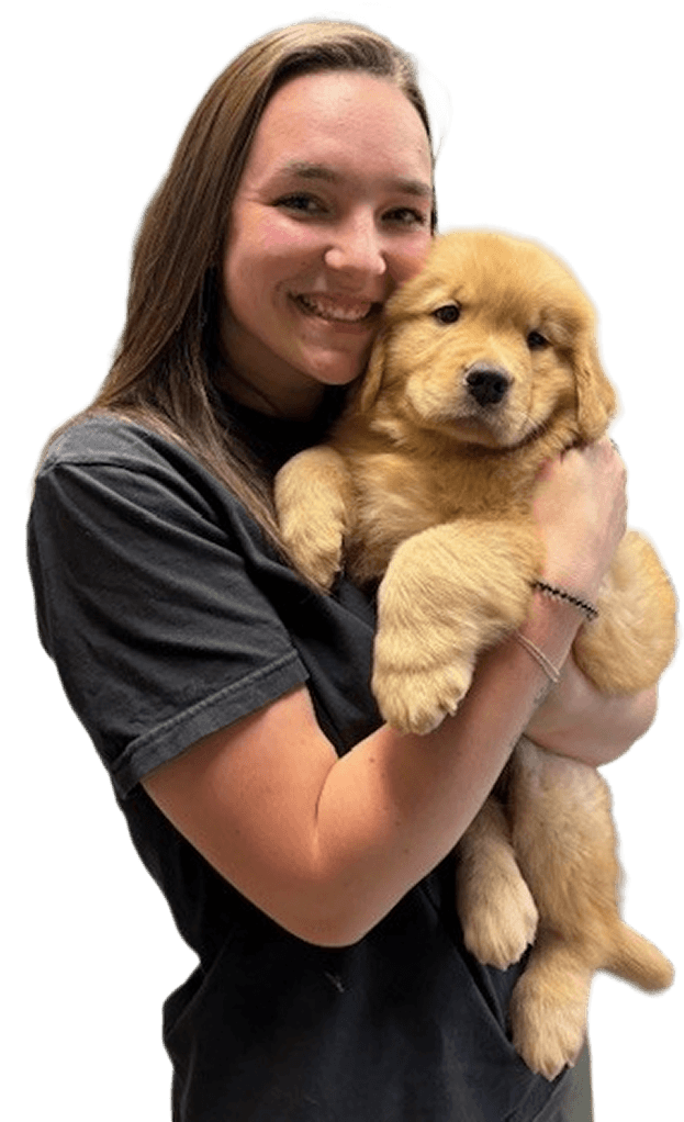 A woman in a black t-shirt smiles while holding a golden retriever puppy in her arms against a plain white background.