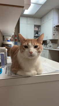 Orange and white cat lying on a counter in a veterinary clinic, looking directly at the camera. Various medical supplies and equipment are visible in the background.